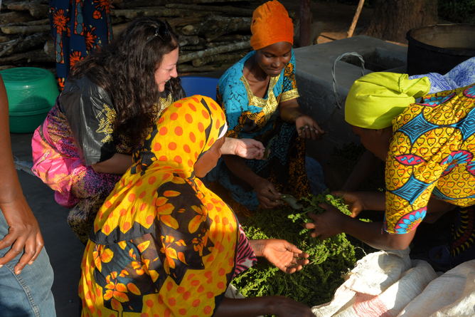 Na fotografii je skupina tanzanských žen a jedna spolupracovnice ze SONNENTORU. Všechny sedí v podřepu v kruhu kolem vaku plného čerstvě nasbíraného pepře. | © SONNENTOR